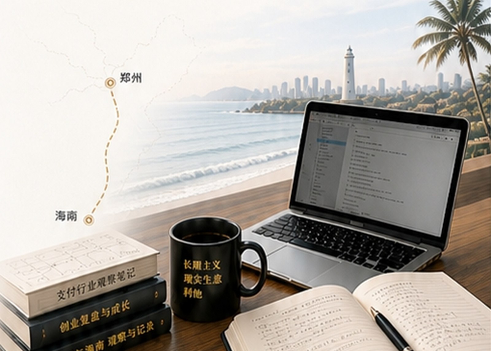 桌面上的电脑、笔记本、书和郑州到海南路线